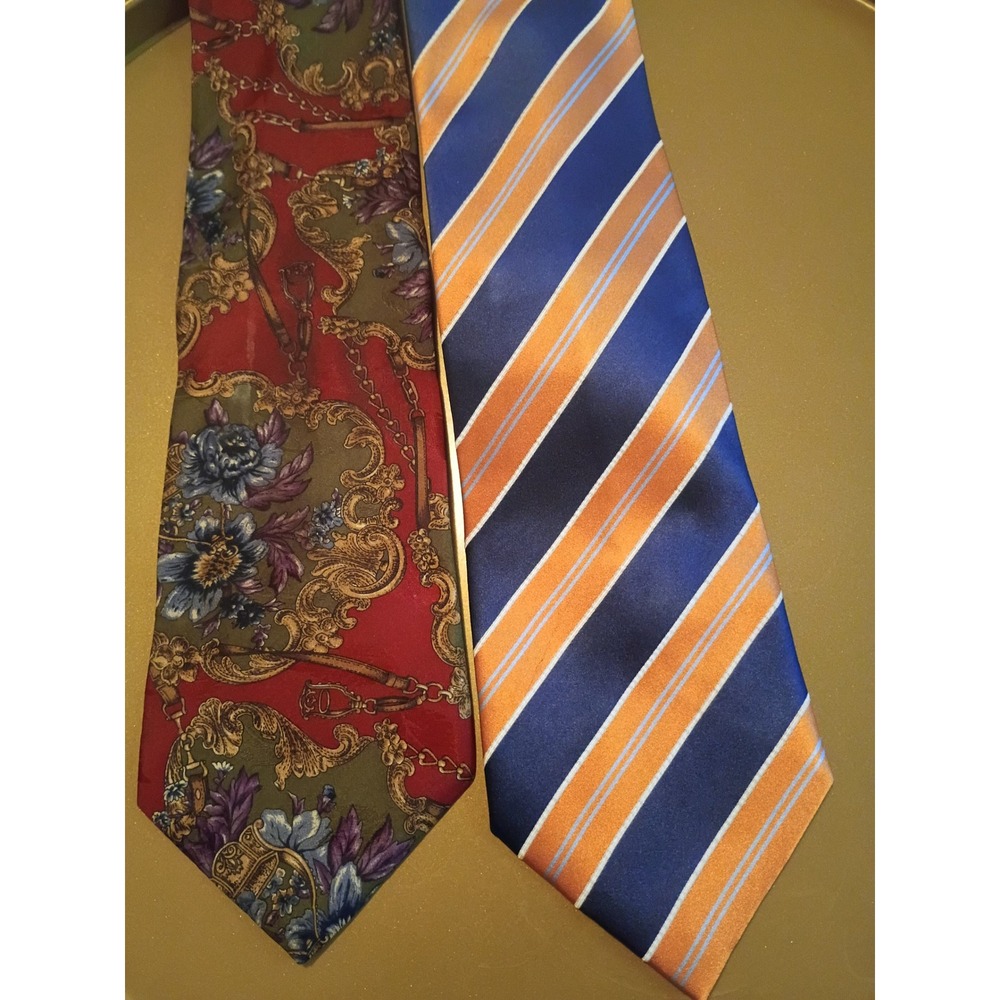 Mens Necktie Lot 2 Villa Bugatti Silk Baroque Floral IZOD Blue OrangeStriped Tie